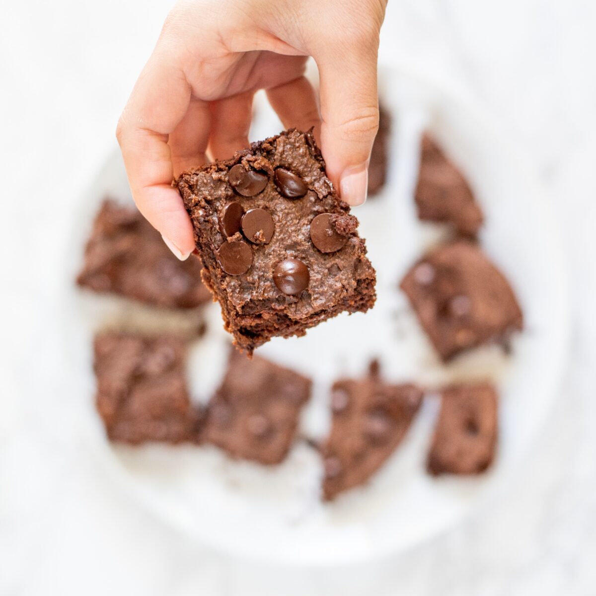 A white hand holds a vegan chickpea brownie square with chocolate chips on the top of it. In the background is a white plate with the remaining brownies.