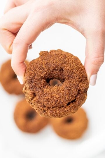 A white hand holding a cinnamon sugar doughnut.