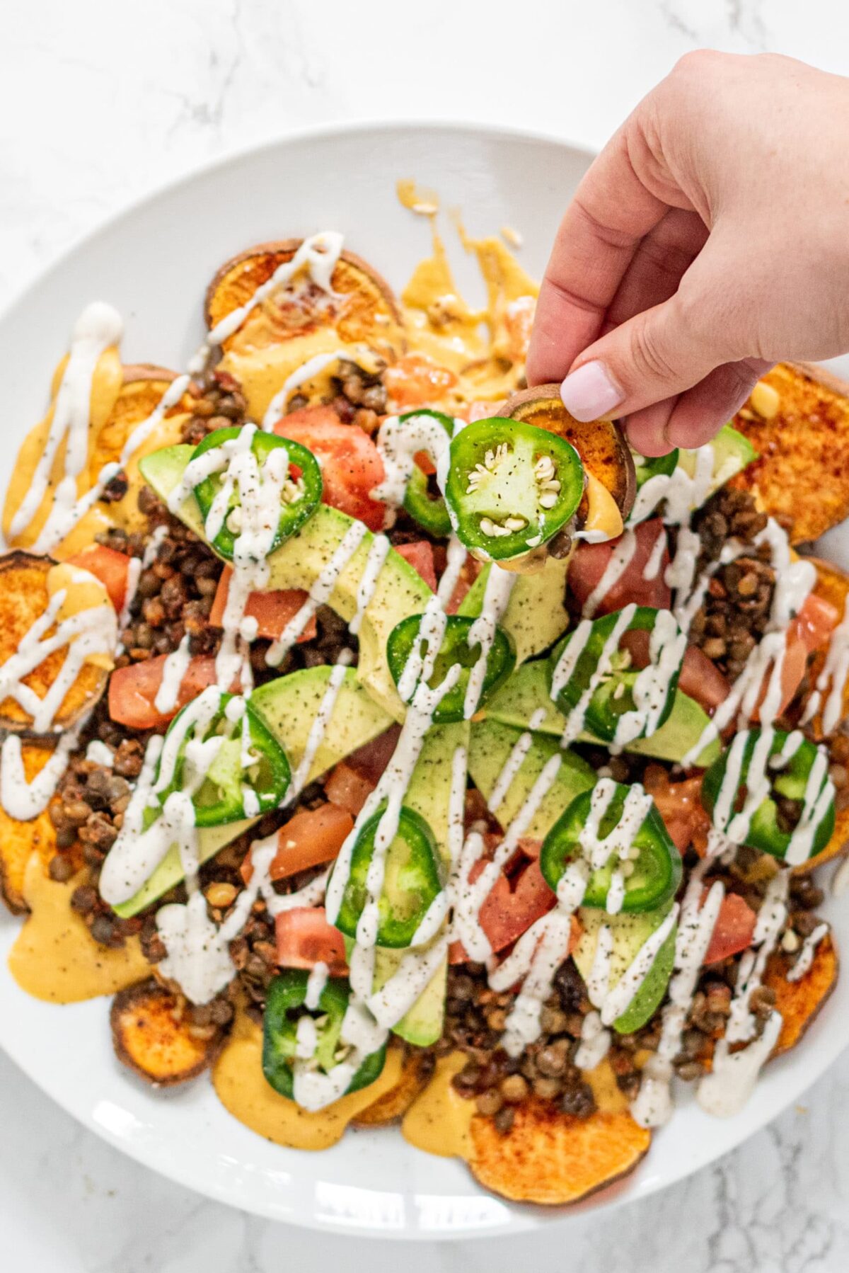 A white plate with sweet potato nachos on it topped with lentil meat, avocado slices, tomato slices, jalapeno slices, and a drizzle of sour cream.