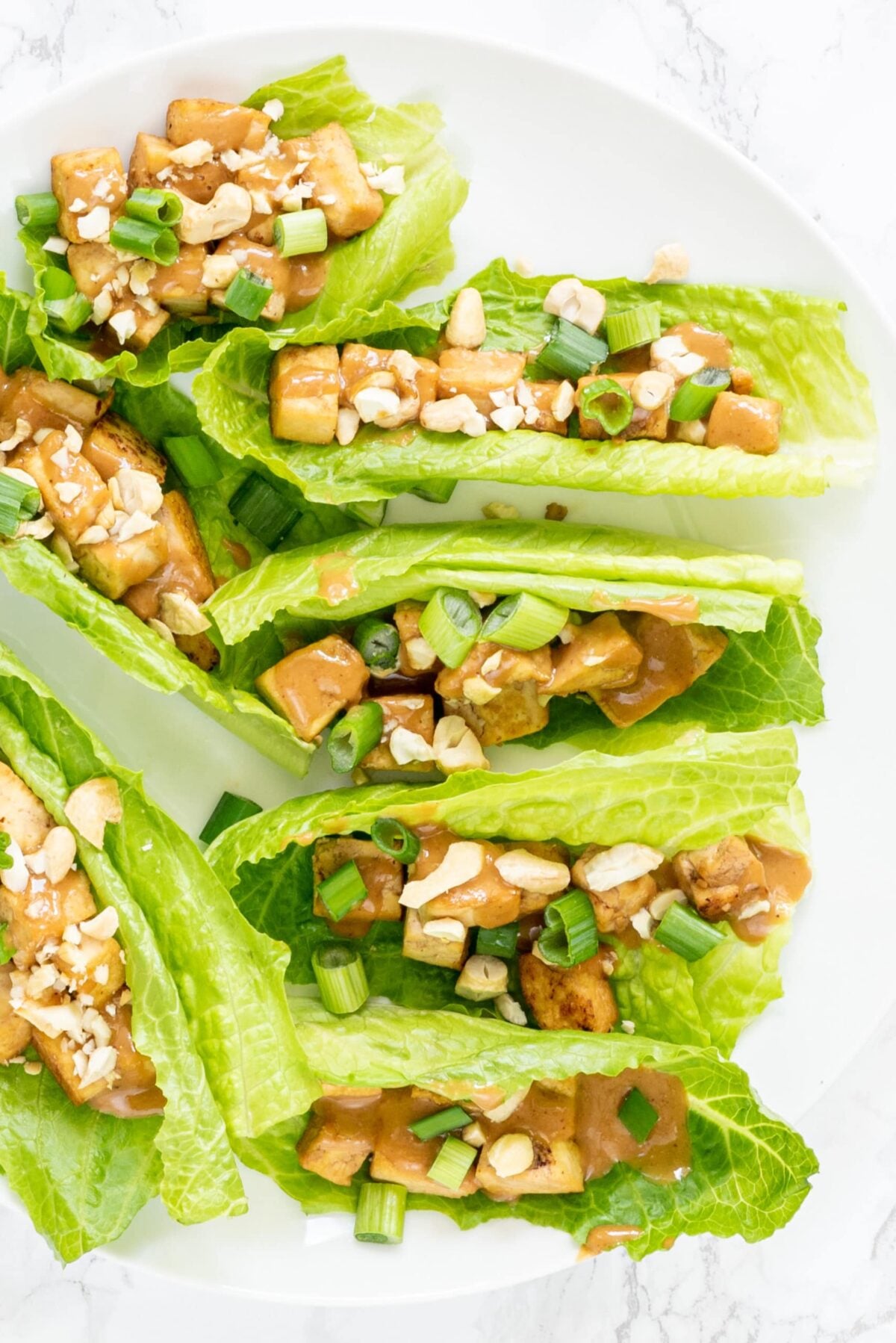 A white plate filled with tofu lettuce cups topped with peanut sauce, cashews, and green onion.
