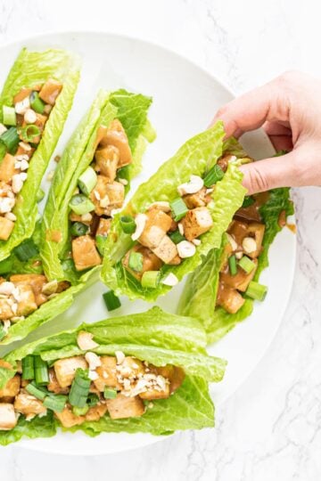 A white plate with tofu lettuce wraps topped with peanut sauce and green onions, and a white hand holding one of them.