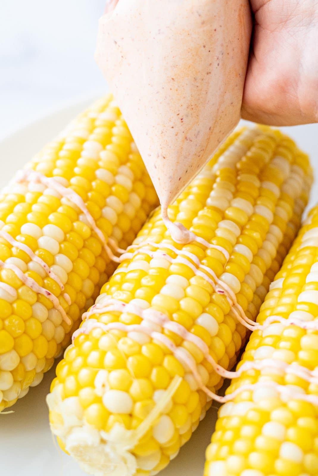 Three ears of corn on a plate and a baggie filled with spicy aioli being drizzled on top.