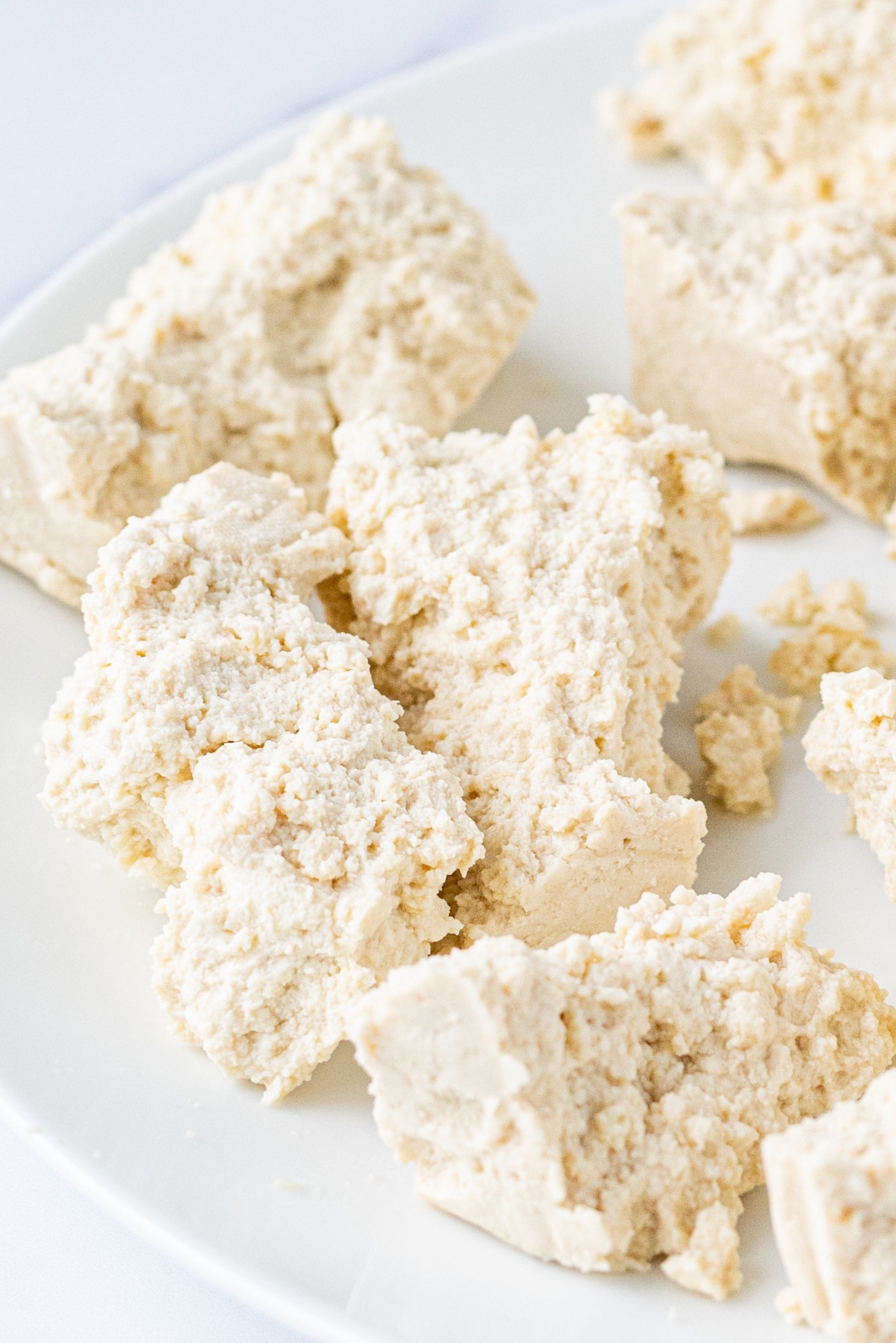 A white plate of tofu cubes.