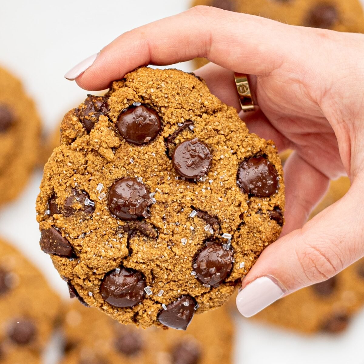 A white hand holding a pumpkin chocolate chip cookie.