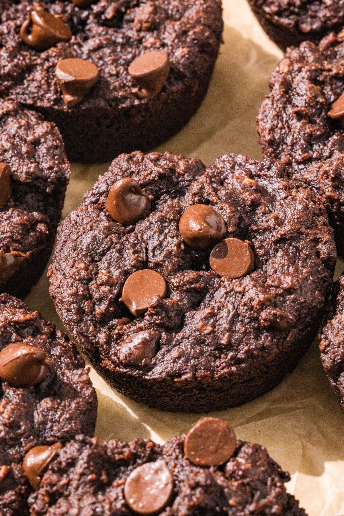 A close up of the chocolate peanut butter banana muffins.