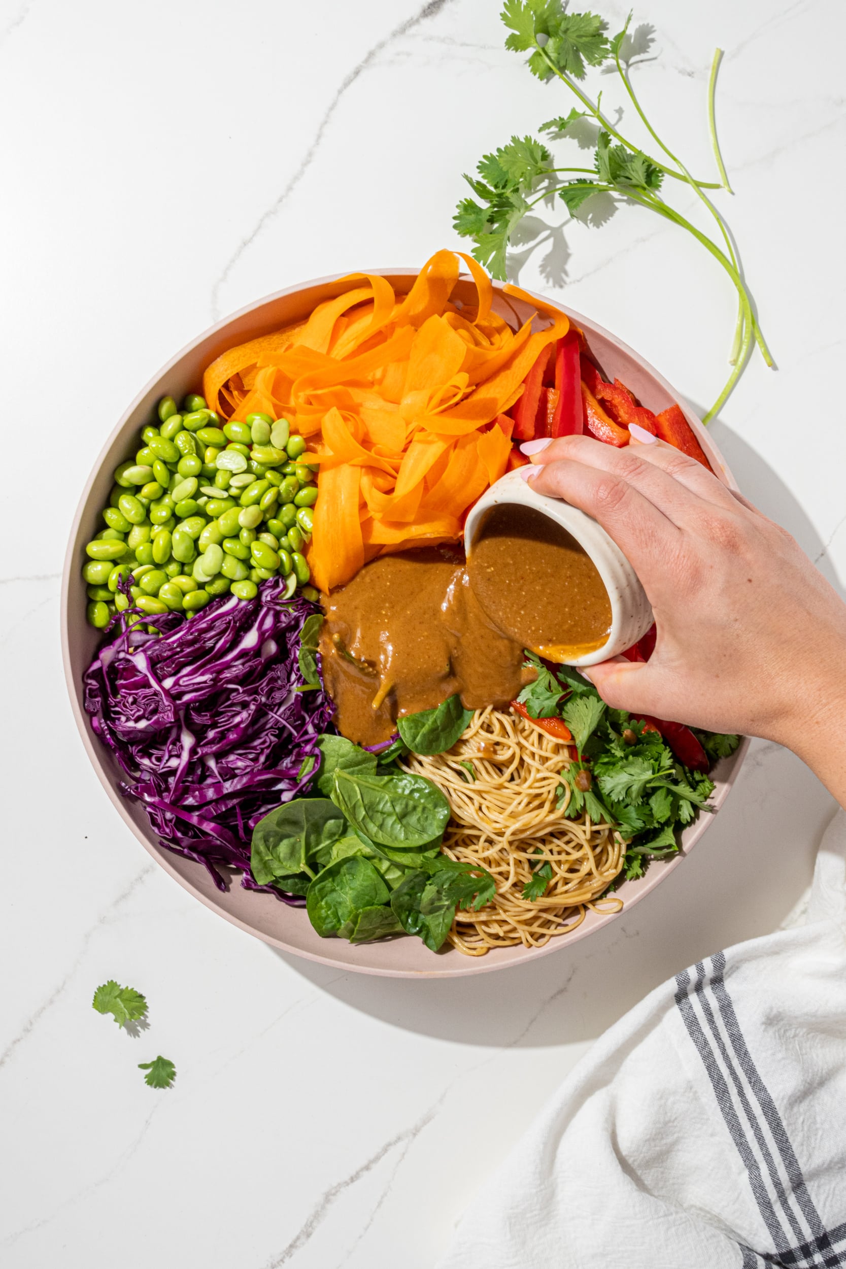 A bowl of vegan rainbow peanut noodles including edamame, purple cabbage, carrot, red pepper, spinach, noodles, and cilantro with a white hand in the center of the image pouring peanut sauce from a small white bowl onto the noodles.