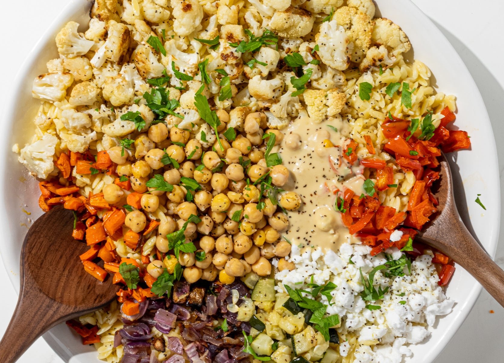 Roasted Vegetable Orzo Salad (with hummus dressing!)