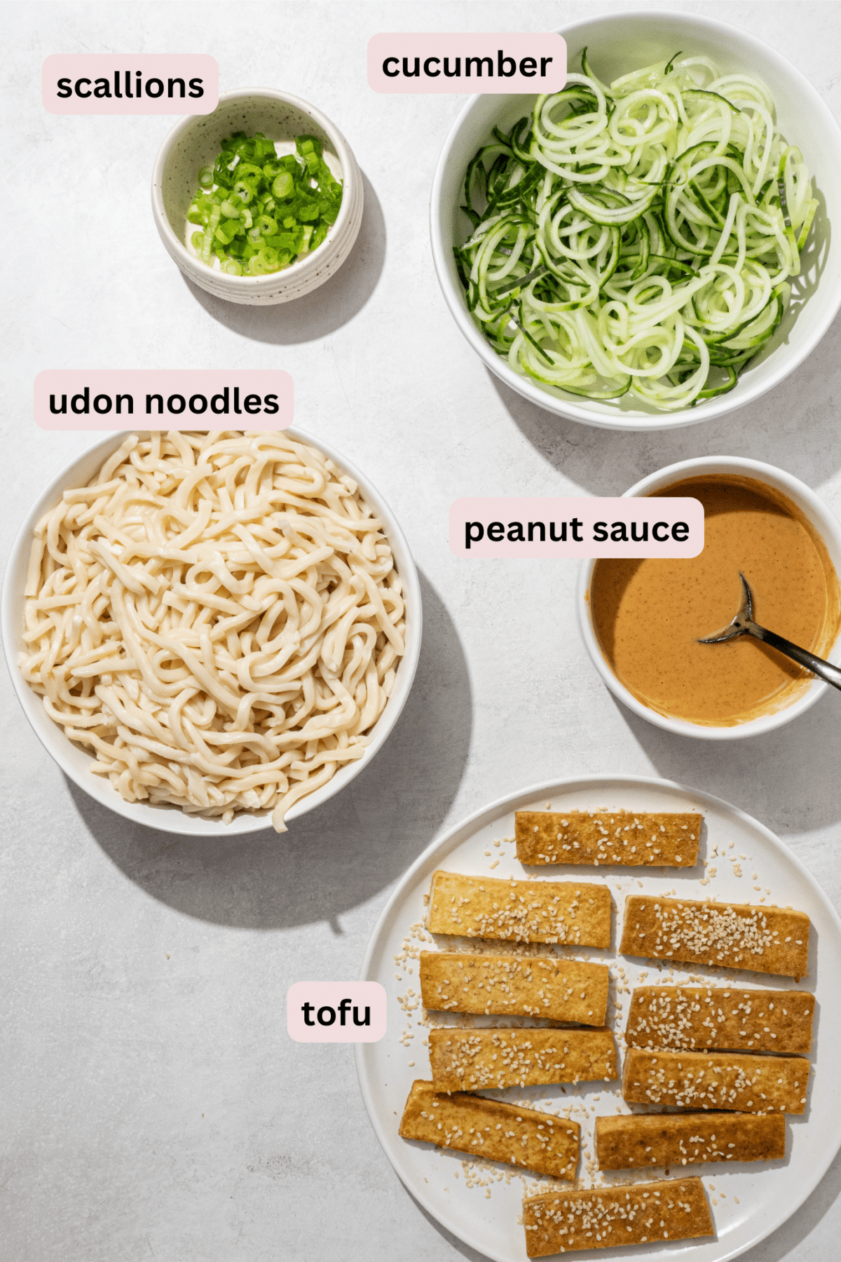 Ingredients needed to make peanut udon noodles laid out on a marble counter and labeled including: scallions, cucumber, udon noodles, peanut sauce, and tofu.