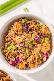 A white bowl filled with Adzuki Farro Salad garnished with green onion. Beside the bowl is fresh green onions.