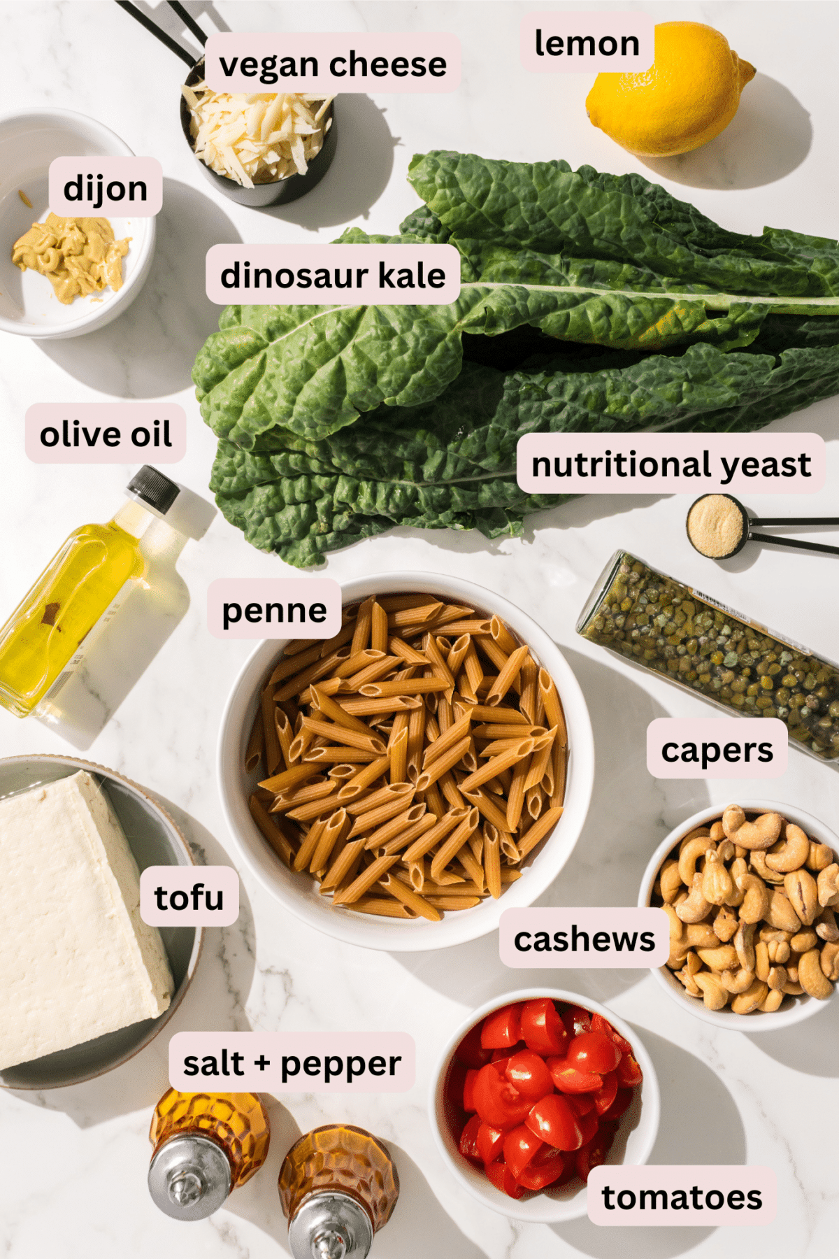 Ingredients needed to make vegan caesar pasta salad laid out on the counter and labeled including: vegan cheese, lemon, dijon, dinosaur kale, nutritional yeast, capers, olive oil, penne pasta, cashews, tofu, salt and pepper, and tomatoes.
