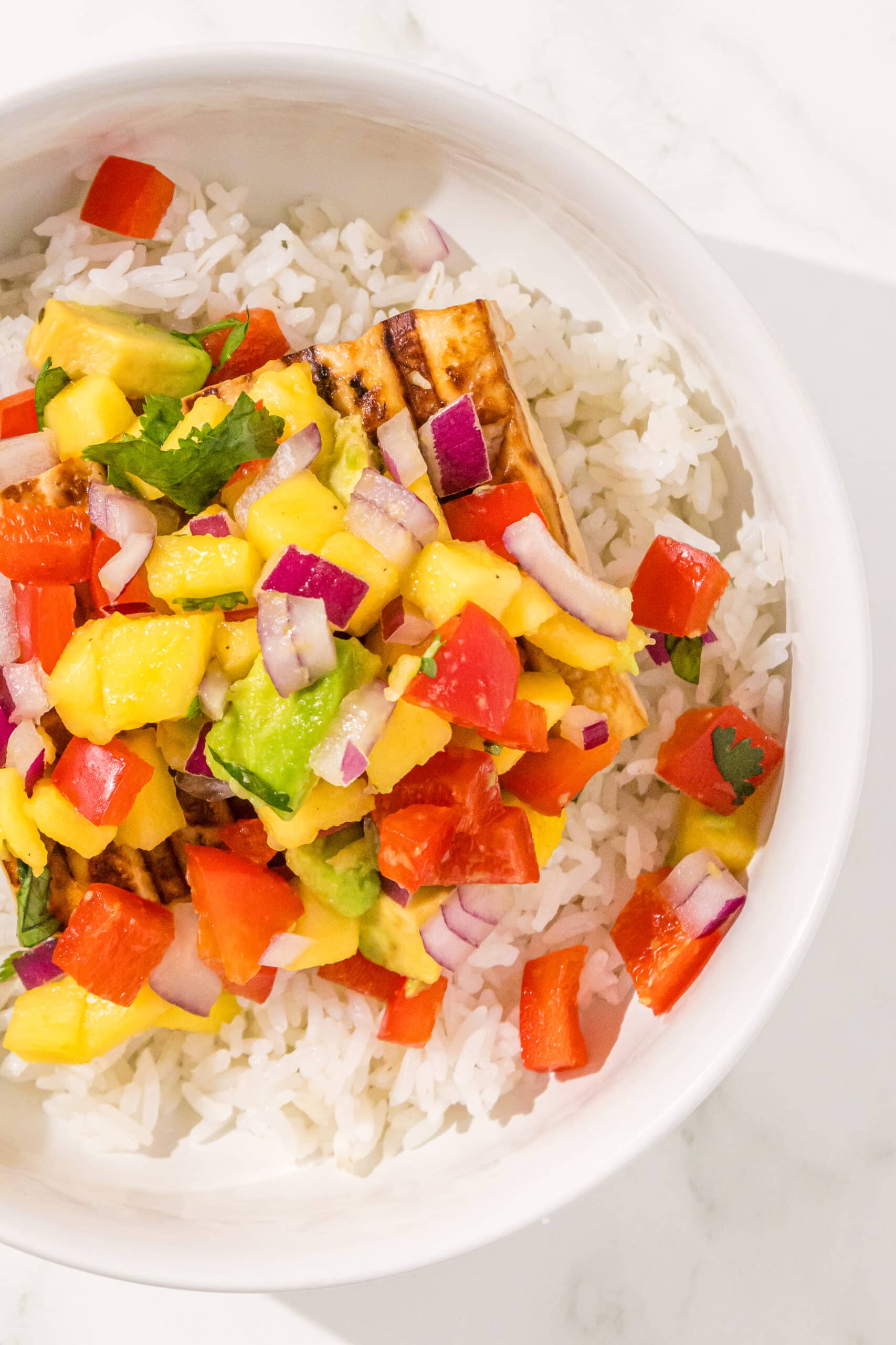 Easy Tofu Dinner Bowls (with mango salsa!) - HealthyGirl Kitchen