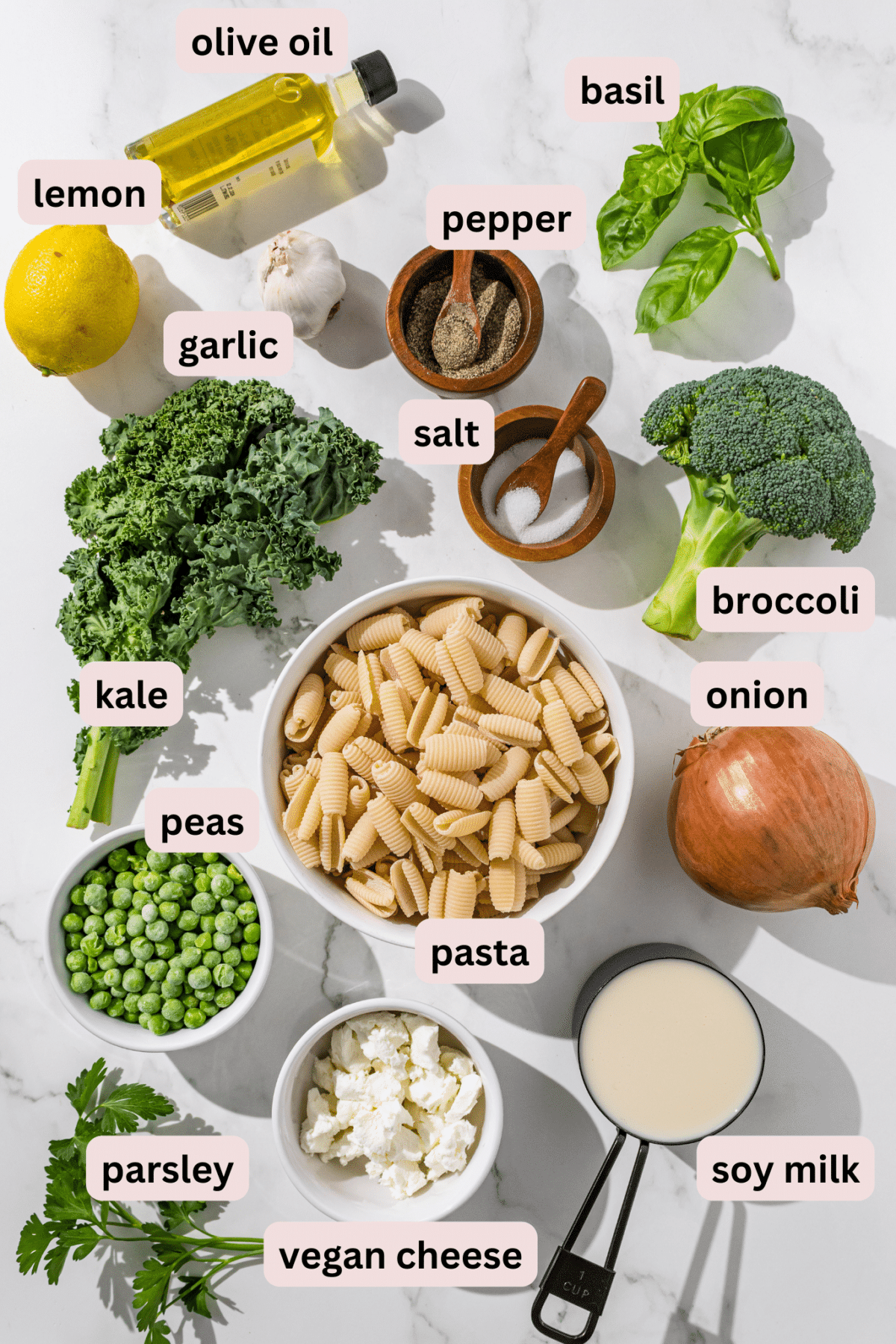 Ingredients needed to make greens pasta labeled and laid out on a marble counter including: olive oil, basil, lemon, salt, pepper, garlic, broccoli, kale, onion, peas, pasta, soy milk, vegan cheese and parsley.