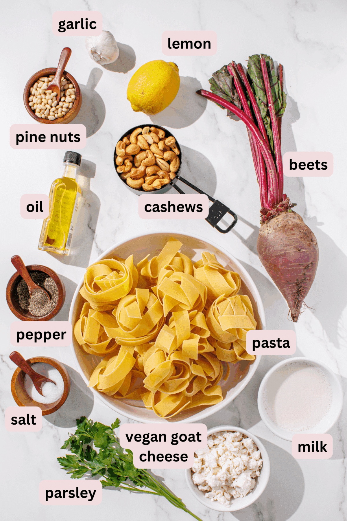 Ingredients laid out on a counter and labeled including: garlic, lemon, beet, cashews, pine nuts, olive oil, pasta, salt and pepper, garlic powder, milk, vegan goat cheese, and parsley.
