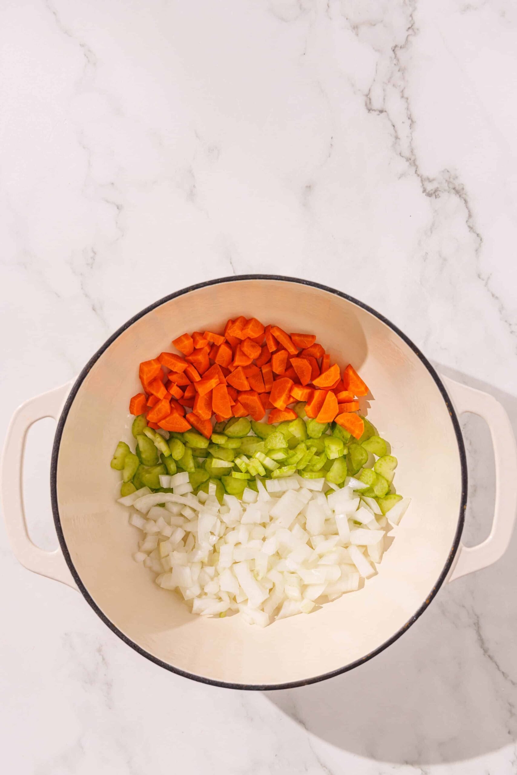 A large soup pot filled with carrots, onion, and celery chopped and ready to be cooked.
