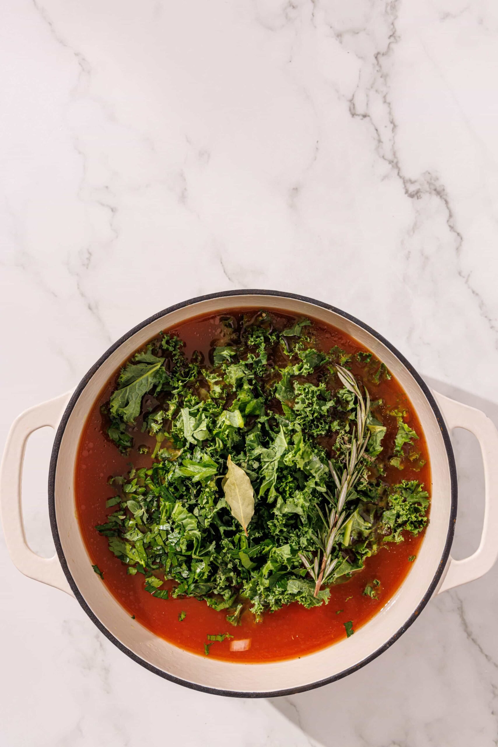 A soup pot filled with red liquid and kale on top.