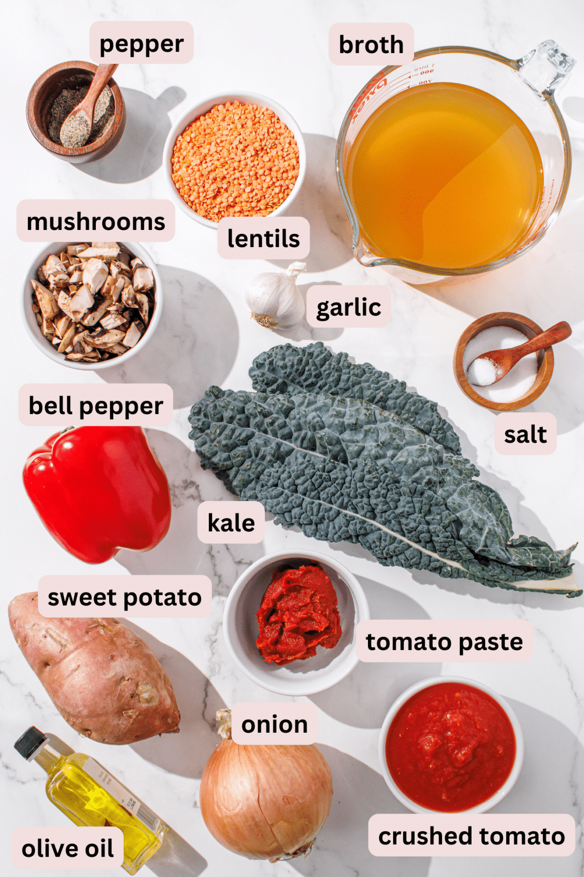Ingredients needed to make nourish pot laid out on the counter and labeled including: broth, lentils, pepper, mushrooms, garlic, salt, bell pepper, kale, sweet potato, tomato paste, crushed tomato, onion, and olive oil.