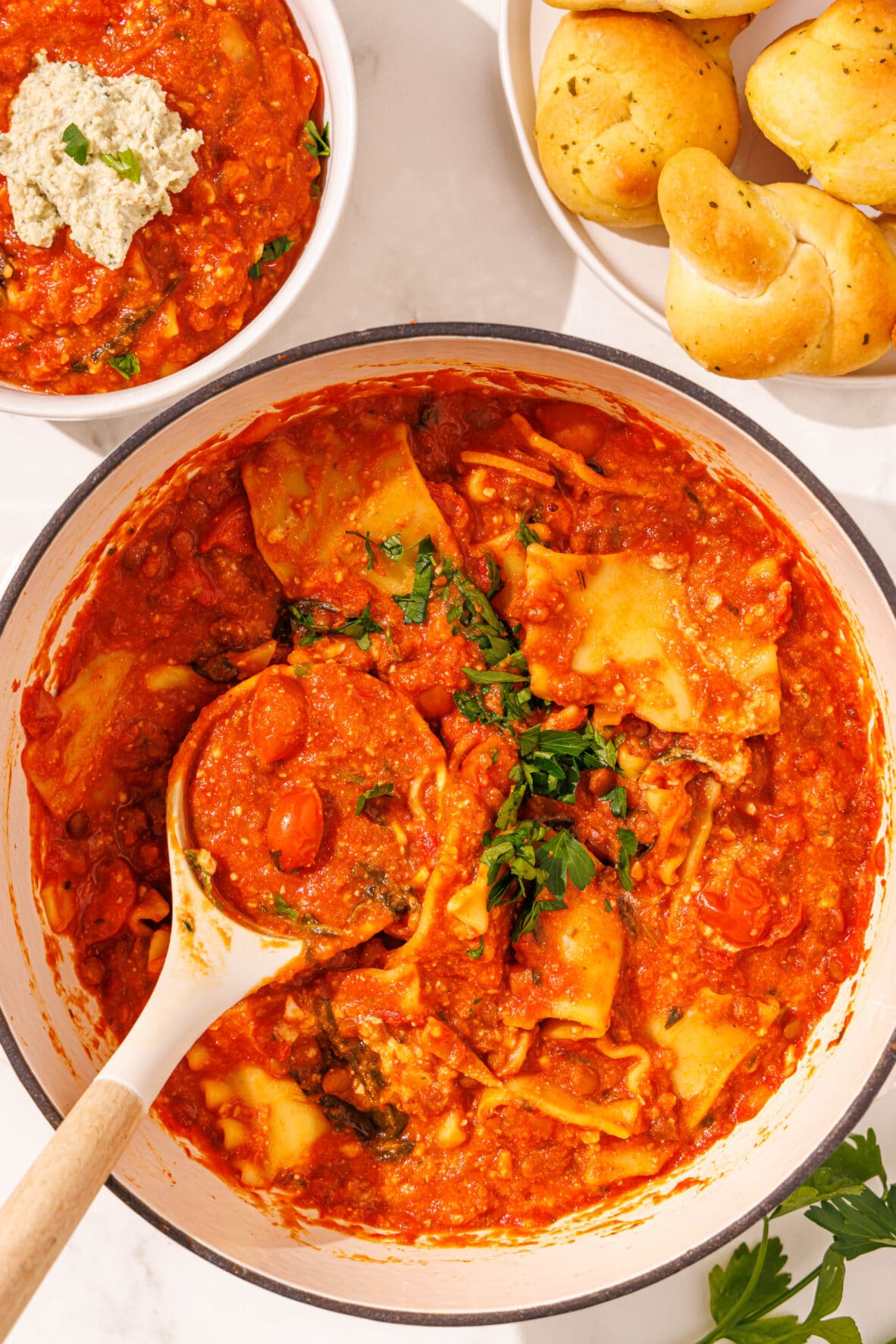 Lasagna Soup (with vegan ricotta and garlic knots!)