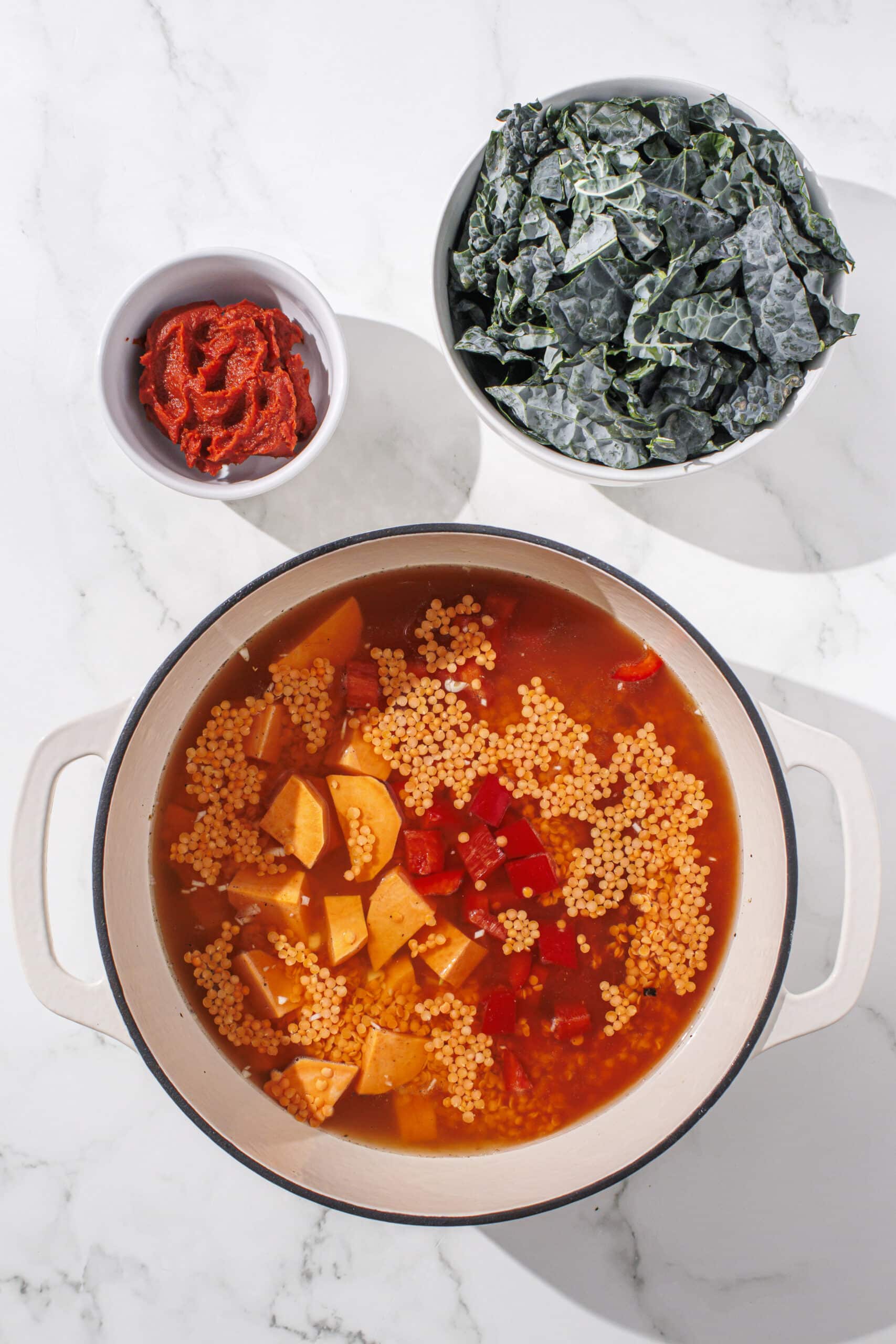 A large pot filled with sweet potato cubes, crushed tomatoes, red lentils, bell pepper, onions, and mushrooms. Beside the pot is two smaller bowls of tomato paste and kale.