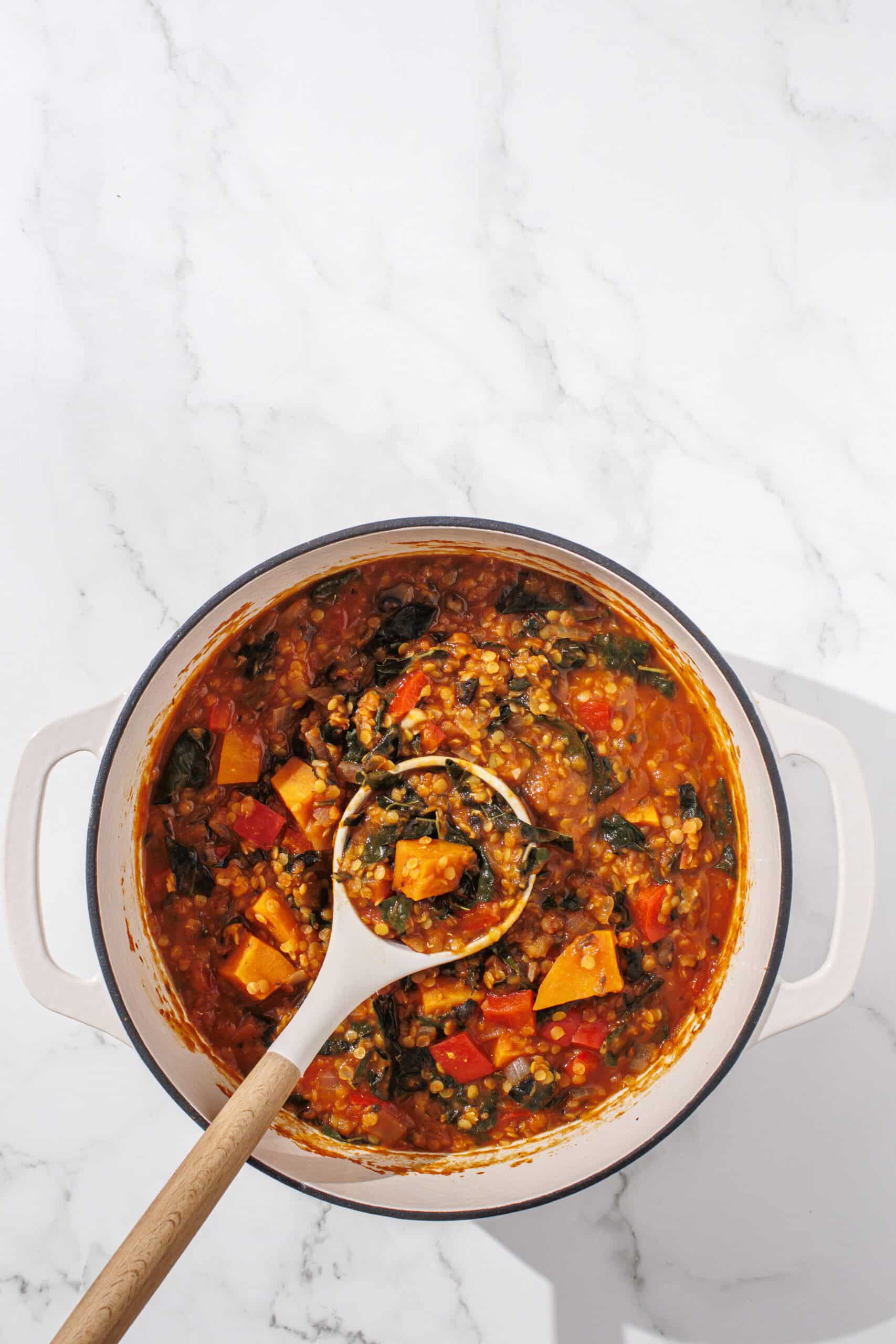 A large pot filled with nourish pot dish and a spoon in the center of the bowl.