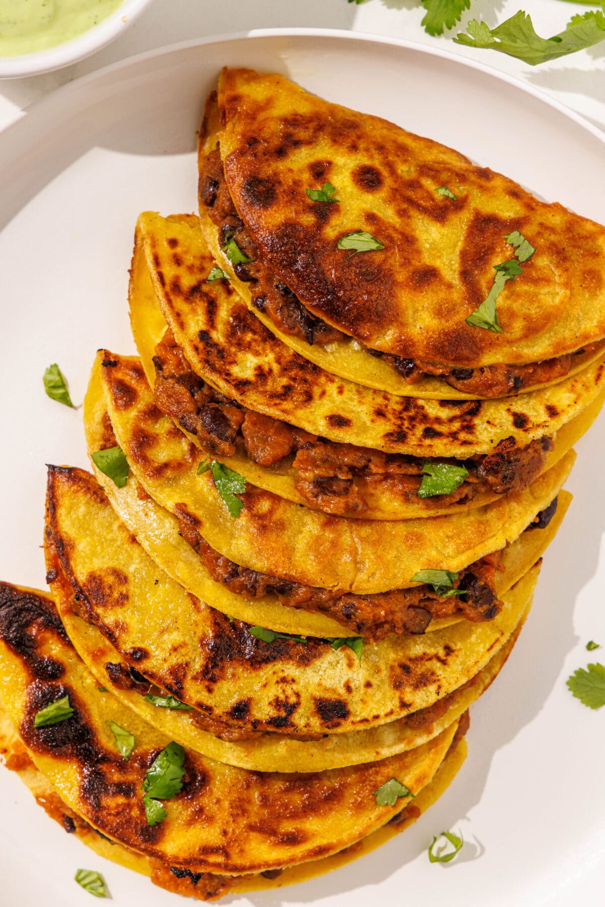 A close up of the bean and sweet potato tacos on a white plate.