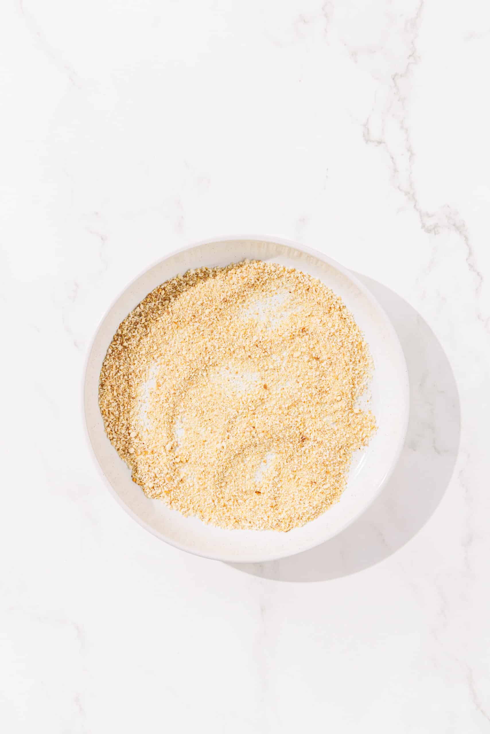 A bowl of breadcrumbs.