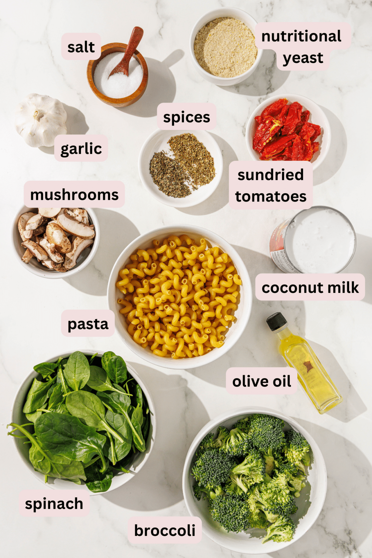 Ingredients needed to make one pan tuscan pasta laid out on the counter and labeled including: nutritional yeast, salt, garlic, spices, sundried tomatoes, coconut milk, pasta, mushrooms, olive oil, spinach, and broccoli.