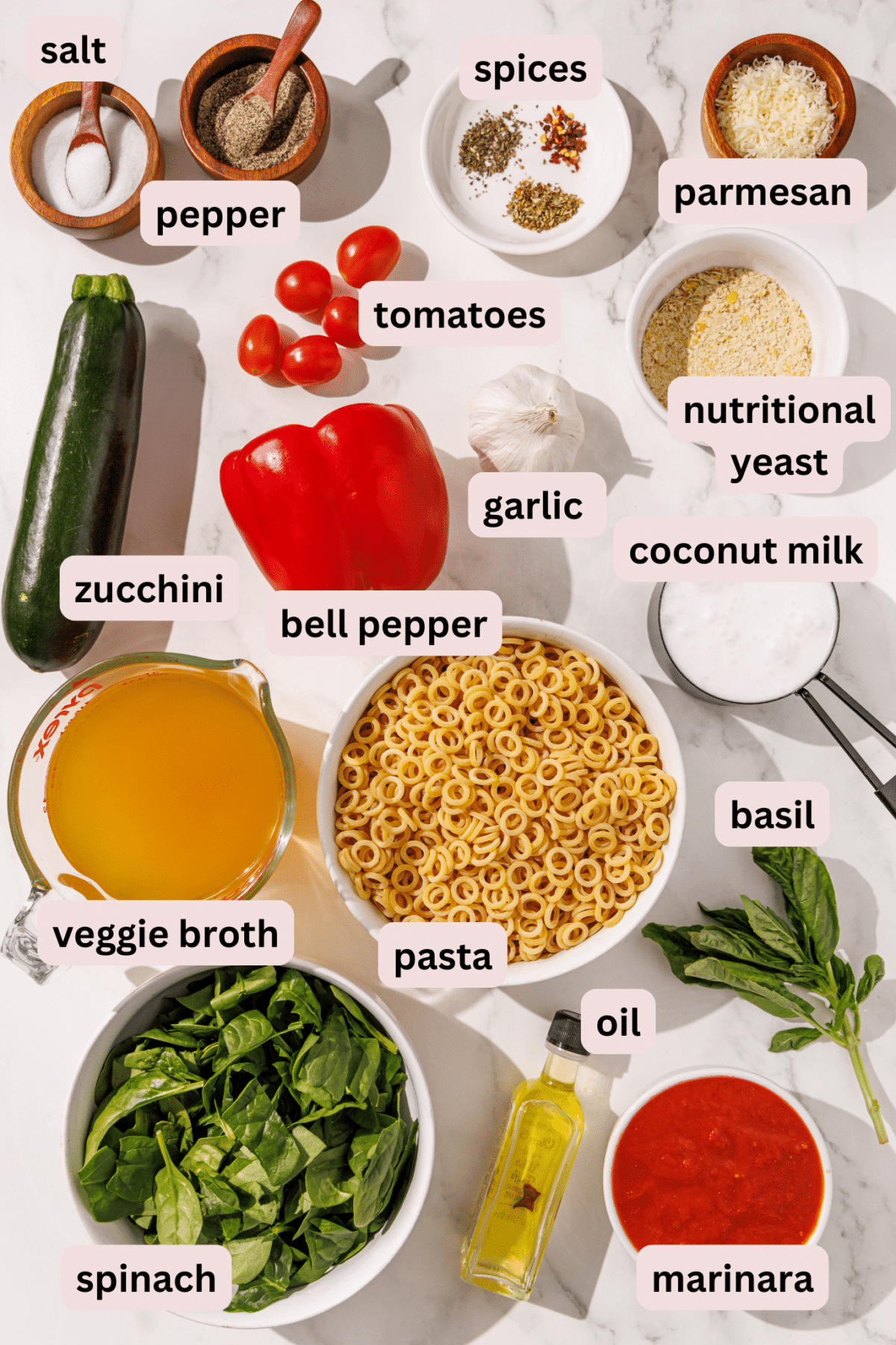 All ingredients required to make one pot pasta laid out on a marble counter and labeled including: salt, pepper, spices, parmesan, tomatoes, nutritional yeast, zuchinni, garlic, bell pepper, coconut milk, veggie broth, pasta, basil, spinach, oil, and marinara.