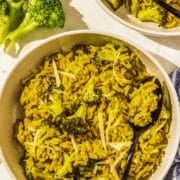 Bowl filled with broccoli cheddar orzo
