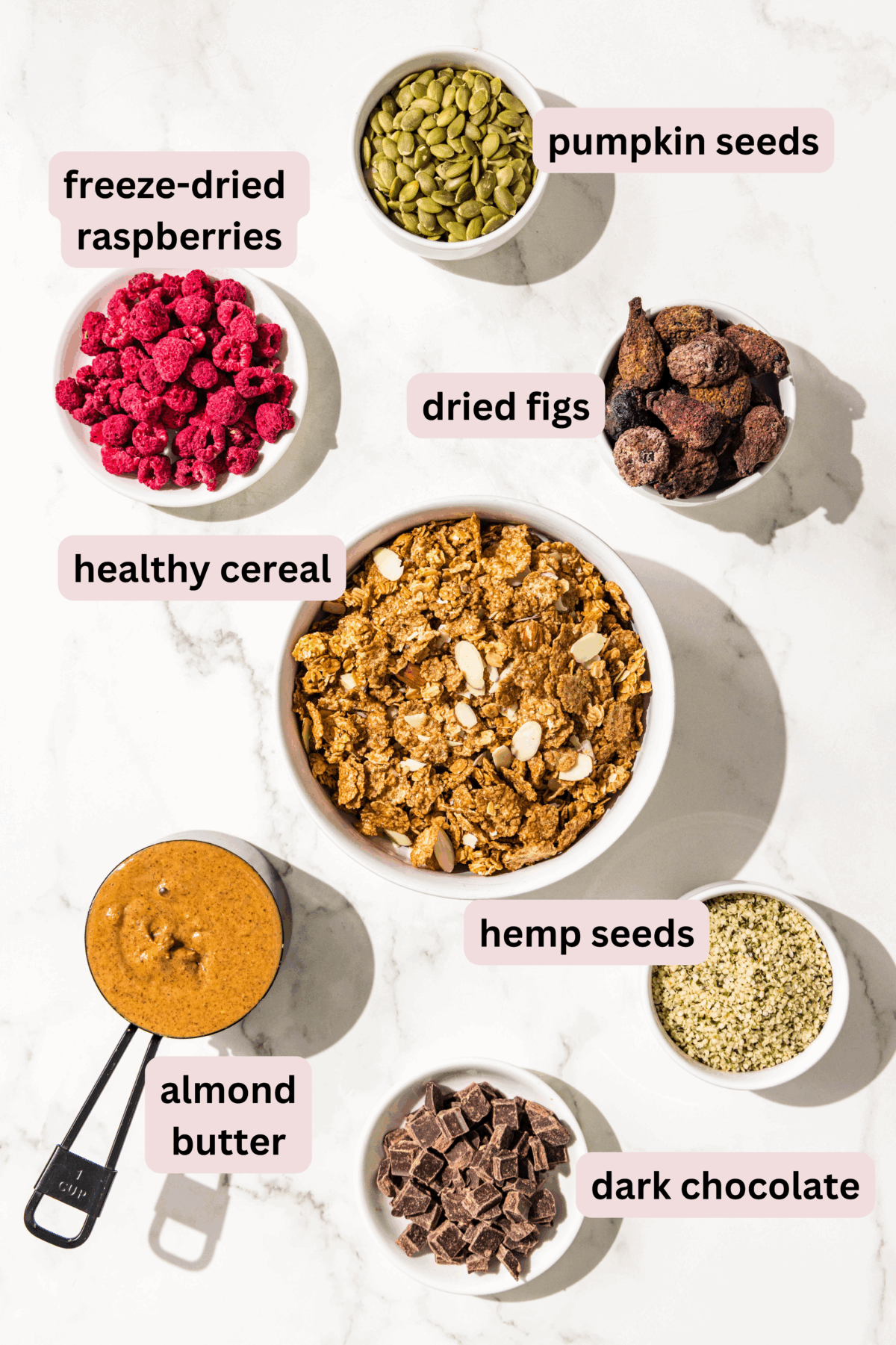 Ingredients needed to make dark chocolate raspberry cereal bars labeled and laid out on the counter including: pumpkin seeds, freeze dried raspberries, dried figs, healthy cereal, hemp seeds, almond butter, and dark chocolate chips.