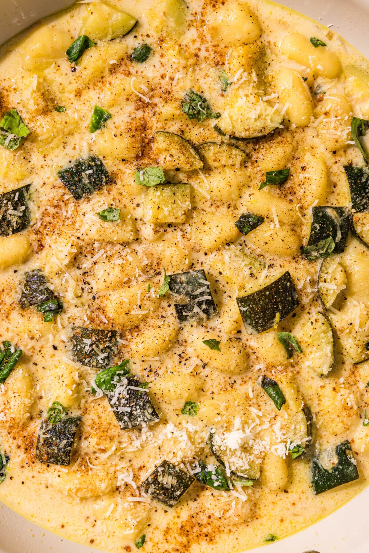 Close up of a creamy gnocchi with zucchini in it topped with parmesan, breadcrumbs, and fresh basil.