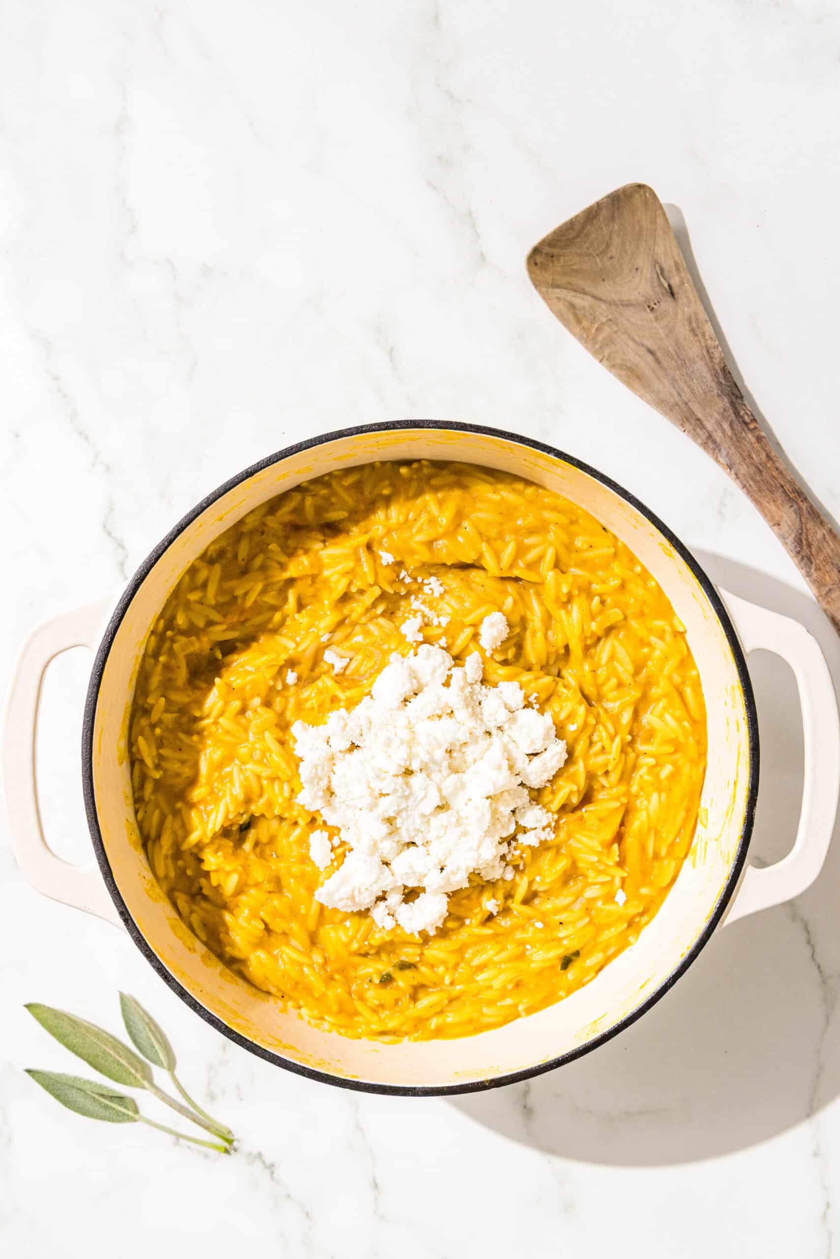 A large pot of pumpkin orzo with a dollop of ricotta in the center. Beside the pot is a fresh sage leaf and a wooden spoon.