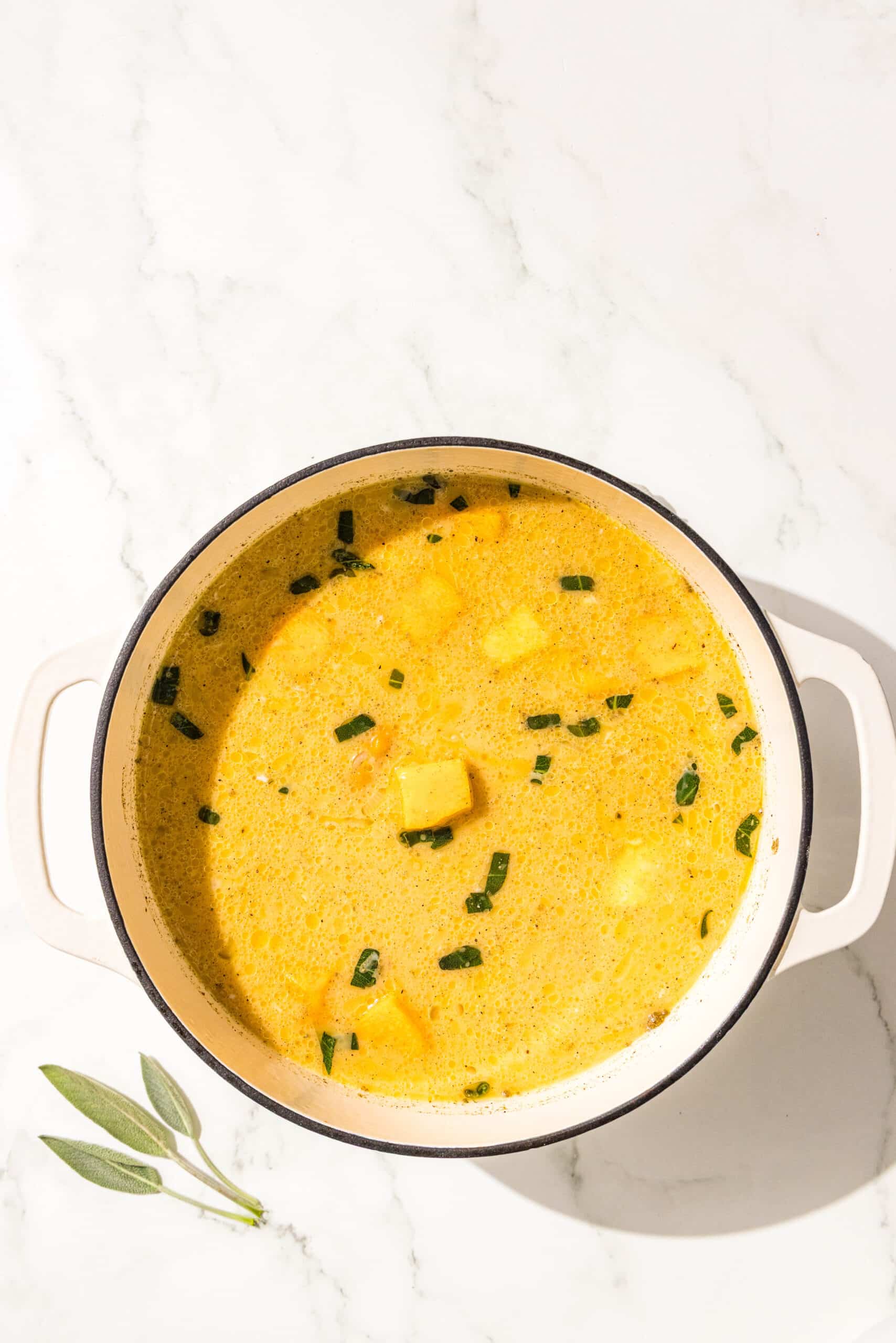 A large pot filled with one pot pumpkin orzo ready to be cooked.