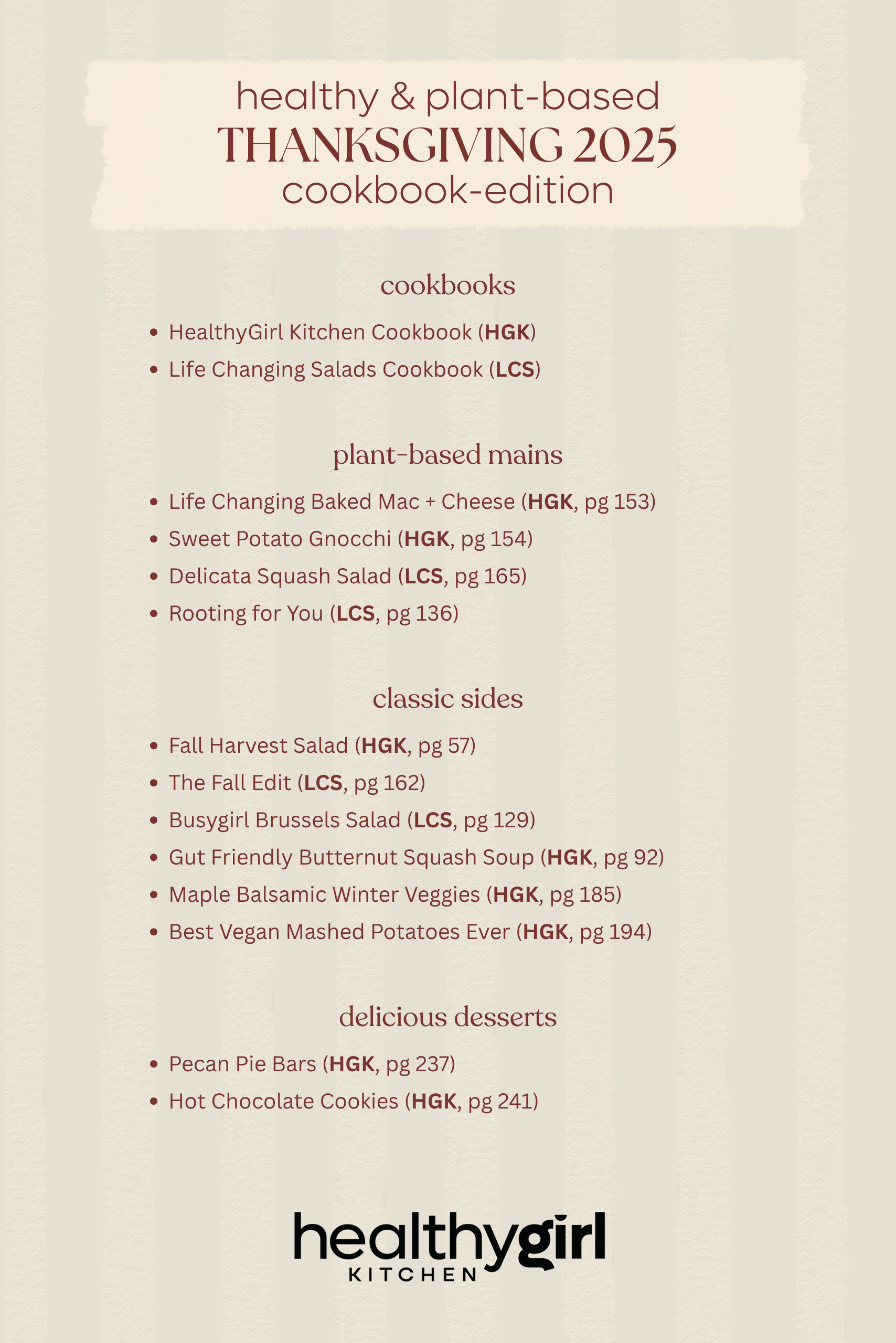 A list of thanksgiving recipes with a cookbook title and page number next to each. At the top of the list is a title reading "healthy and plant-based thanksgiving 2025 cookbook-edition."