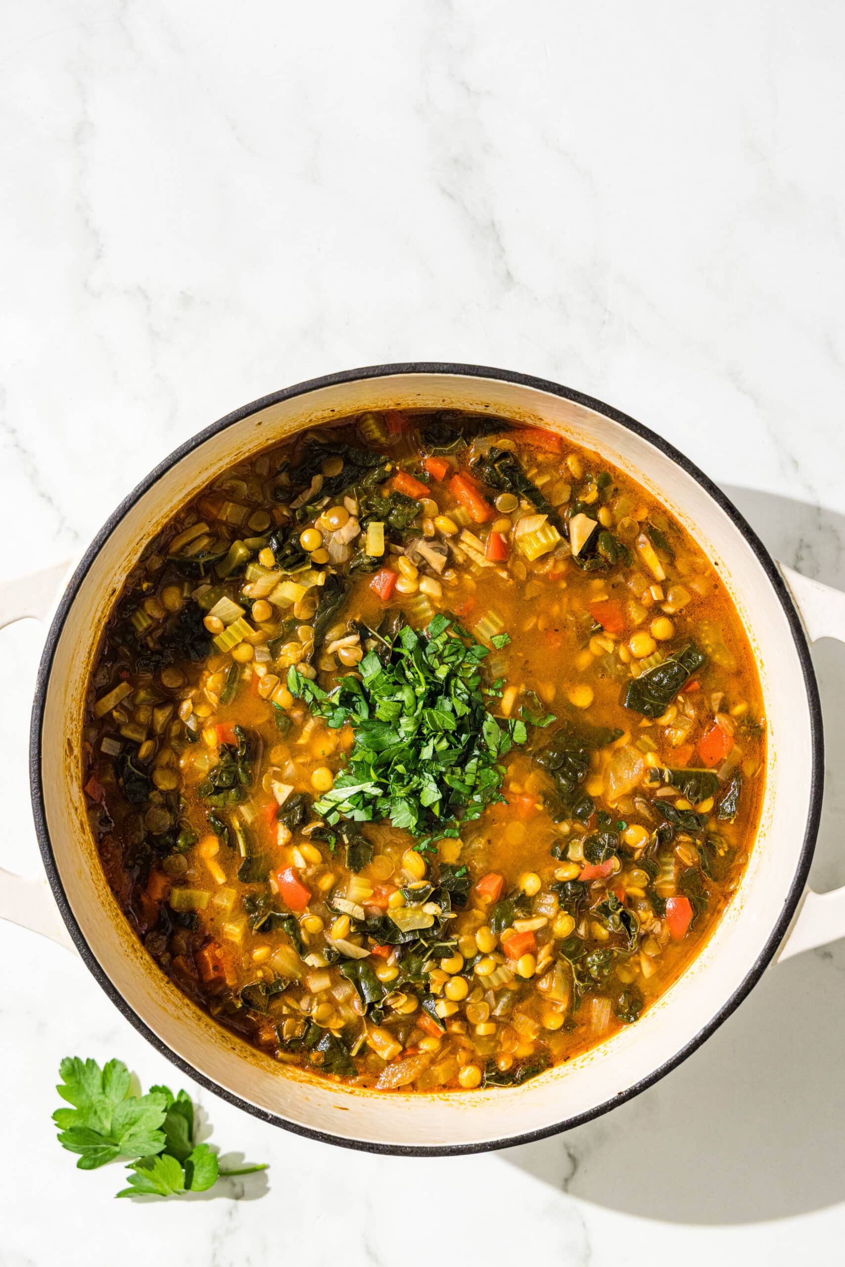 A pot of lentil soup garnished with fresh parsley.