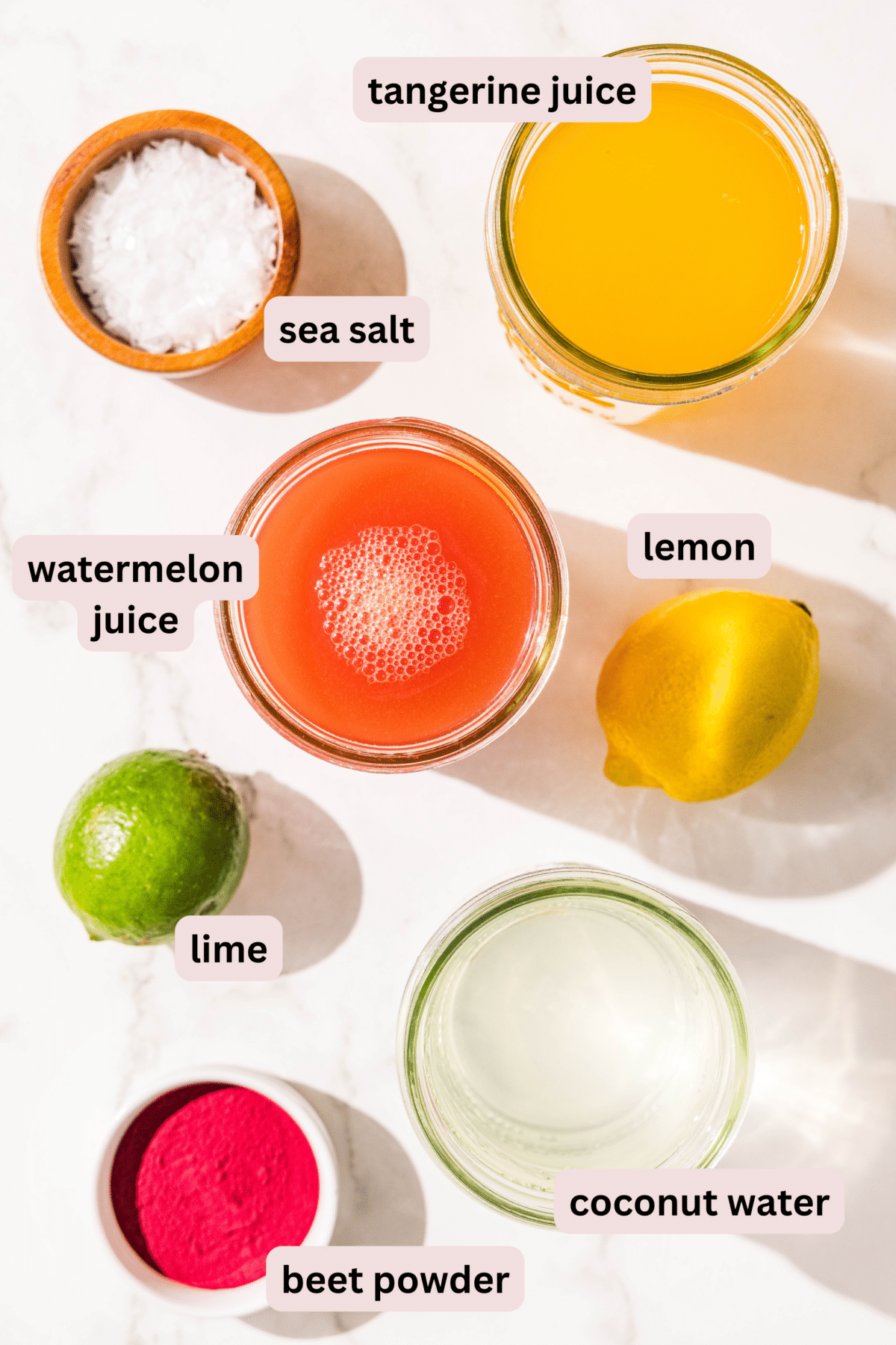 Ingredients in bowls and labeled including: tangerine juice, sea salt, lemon, watermelon juice, lime, coconut water, and beet powder.