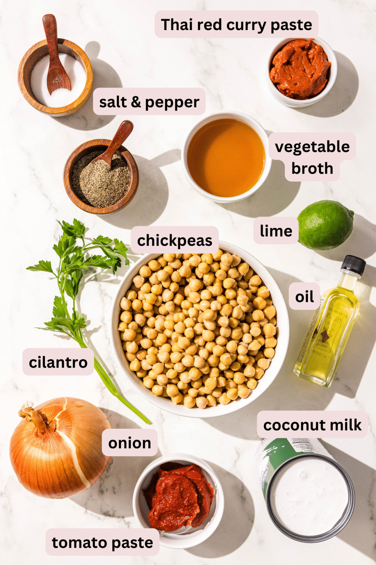 Ingredients in bowls and labeled including salt and pepper, thai red curry paste, vegetable broth, fresh lime, chickpeas, cilantro, oil, coconut milk, onion, and tomato paste.