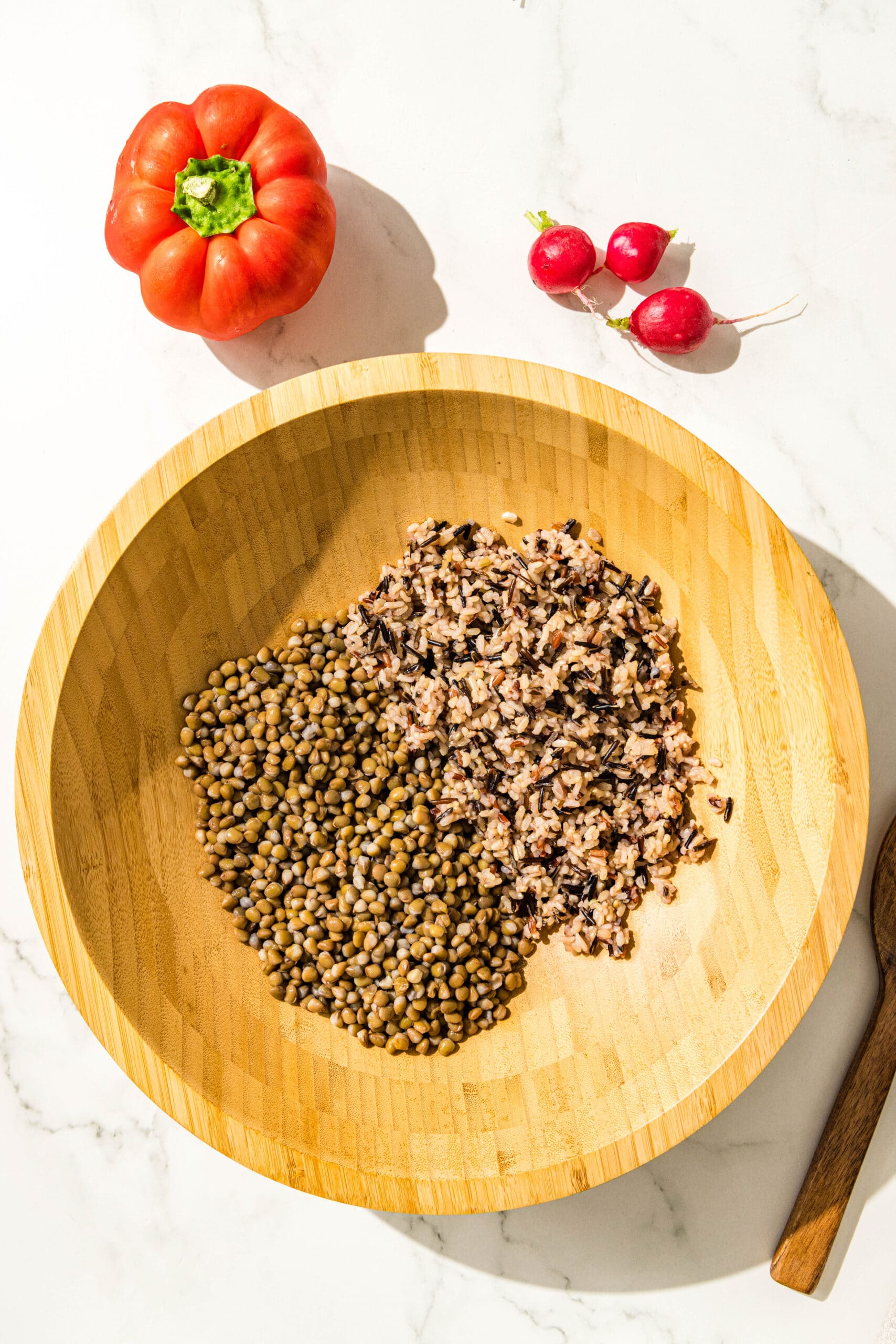 A large salad bowl filled with half brown lentils and half wild rice. Beside the bowl is a large red bell pepper and 3 radishes.