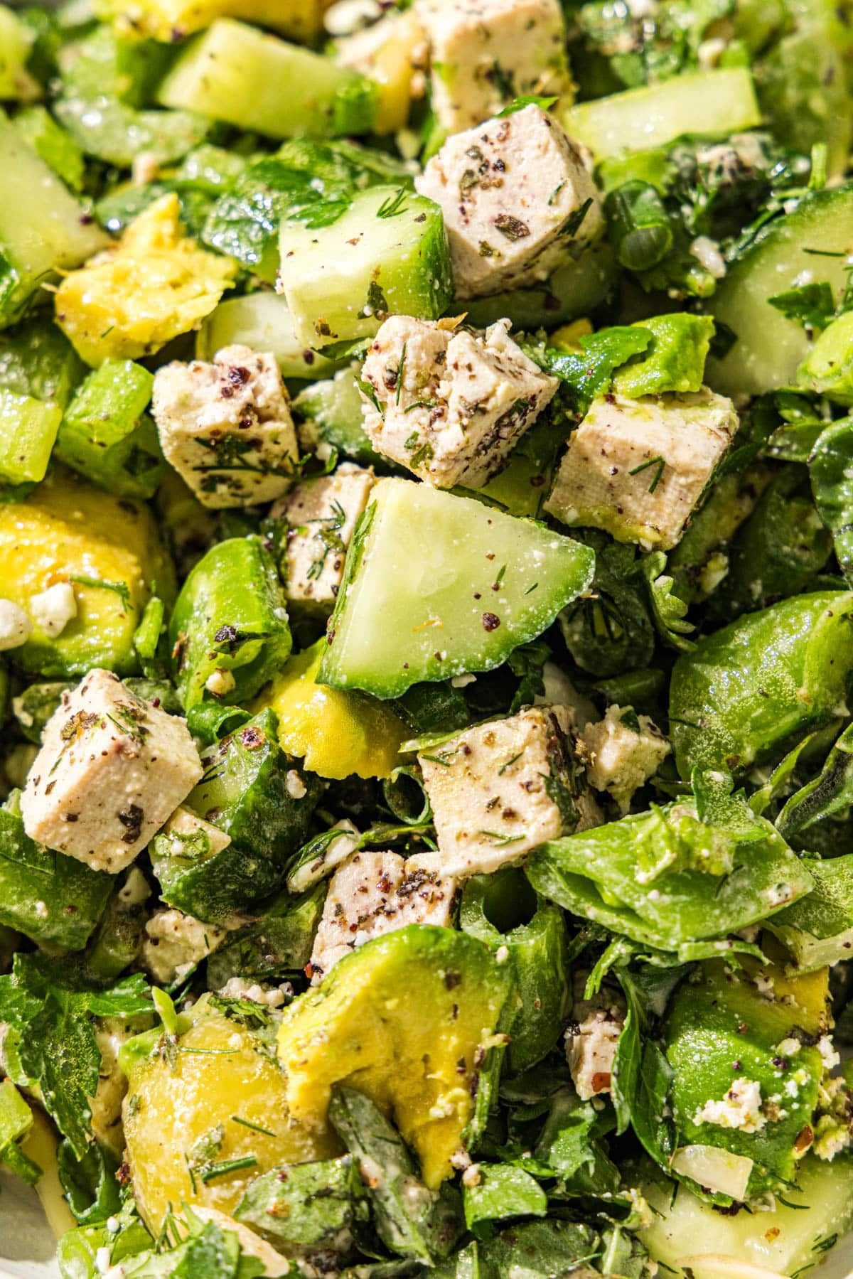 A salad with cucumbers, green onion, snap peas, celery, fresh herbs, cubed avocado, green olives, tofu, and feta tossed together.