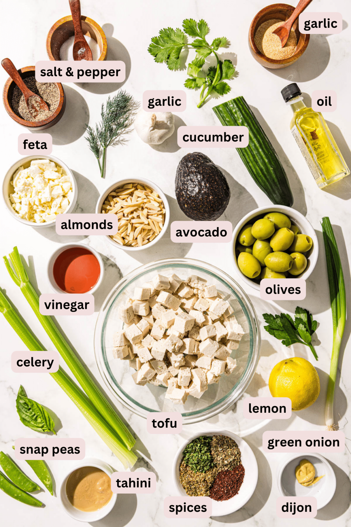 Ingredients laid out on the counter in bowls and labeled including: salt and pepper, garlic powder, fresh garlic, oil, cucumber, dill, cilantro, parsley, basil, feta, almonds, avocado, olives, tofu, celery, vinegar, lemon, spices, green onion, dijon mustard, snap peas, and tahini.