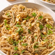 A bowl of sesame noodles topped with green onion, peanuts, and sesame seeds.