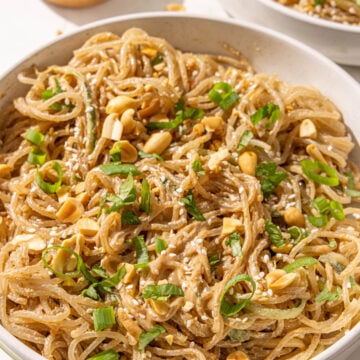 A bowl of sesame noodles topped with green onion, peanuts, and sesame seeds.